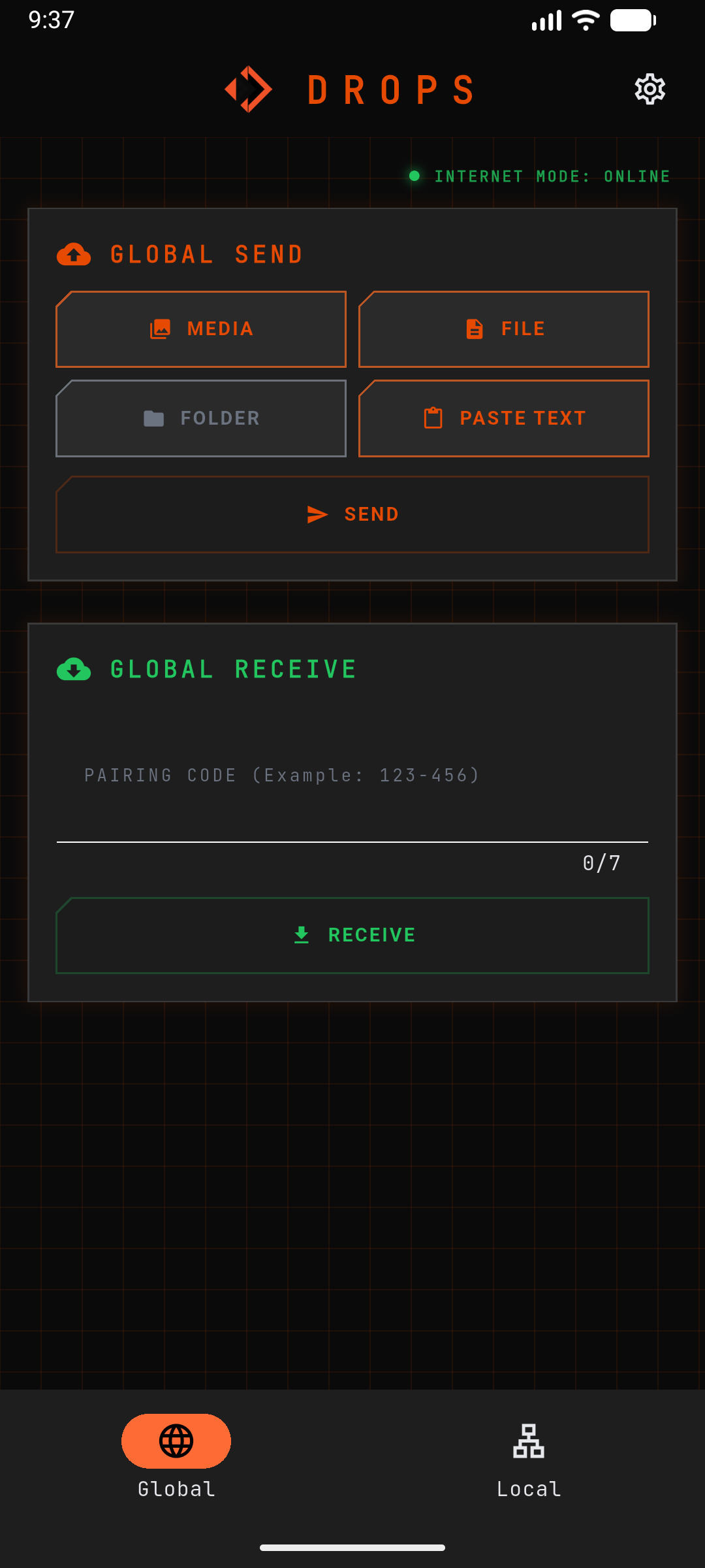 Drops mobile app: Global Send and Global Receive with Internet mode.